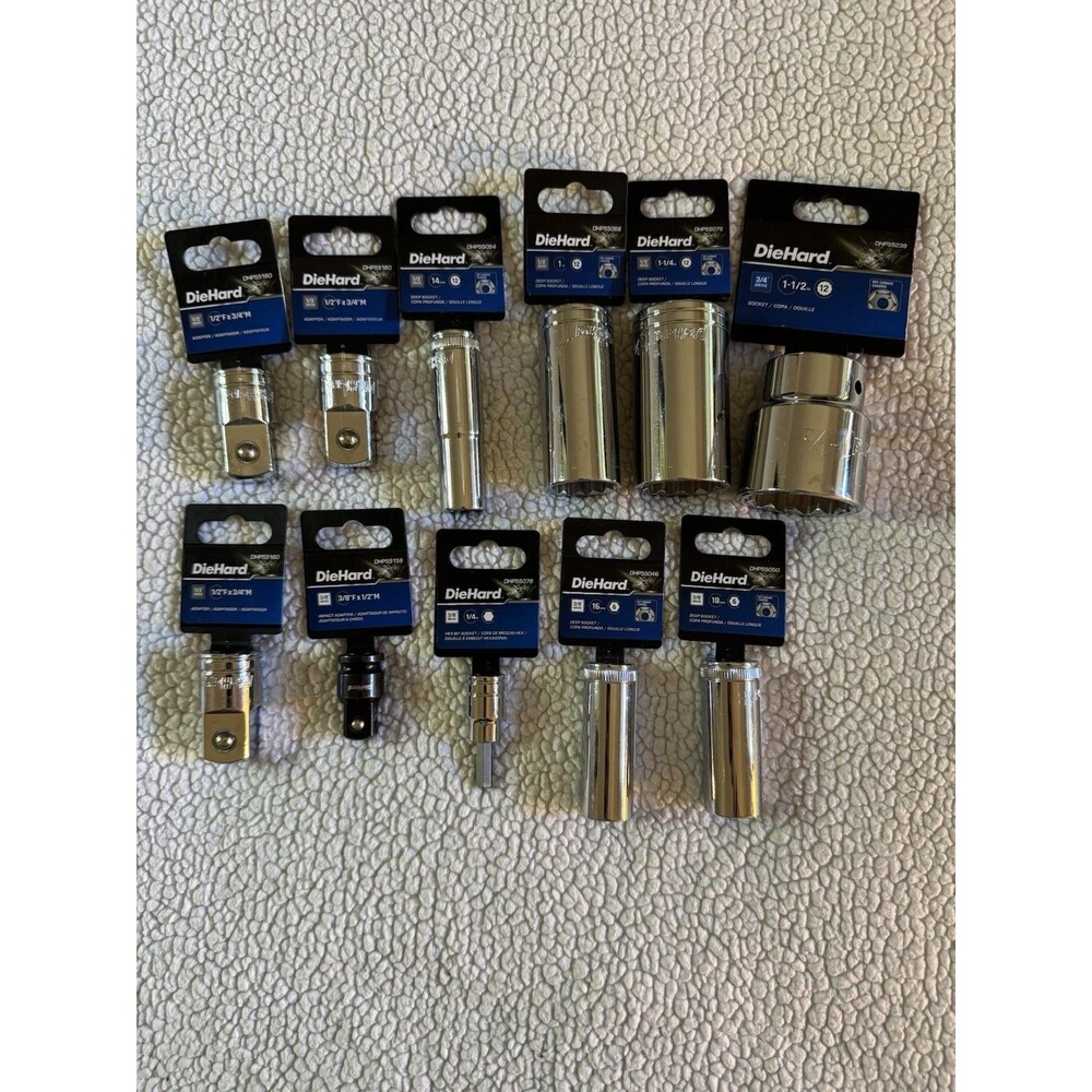 DieHard 3/8,1/2,3/4 Drive 11 Pieces Socket Set Adapters And Deep Sockets Various